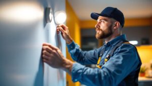 A photograph of a skilled lighting contractor installing led can lights in a modern home setting