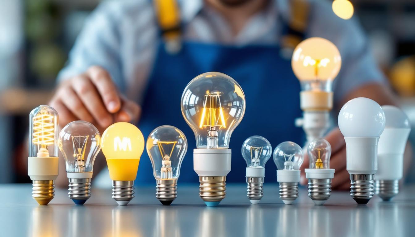 A photograph of a well-organized display of various light bulb bases and their corresponding fixtures