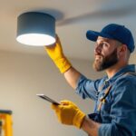 A photograph of a skilled lighting contractor expertly converting a recessed light fixture to a stylish flush mount