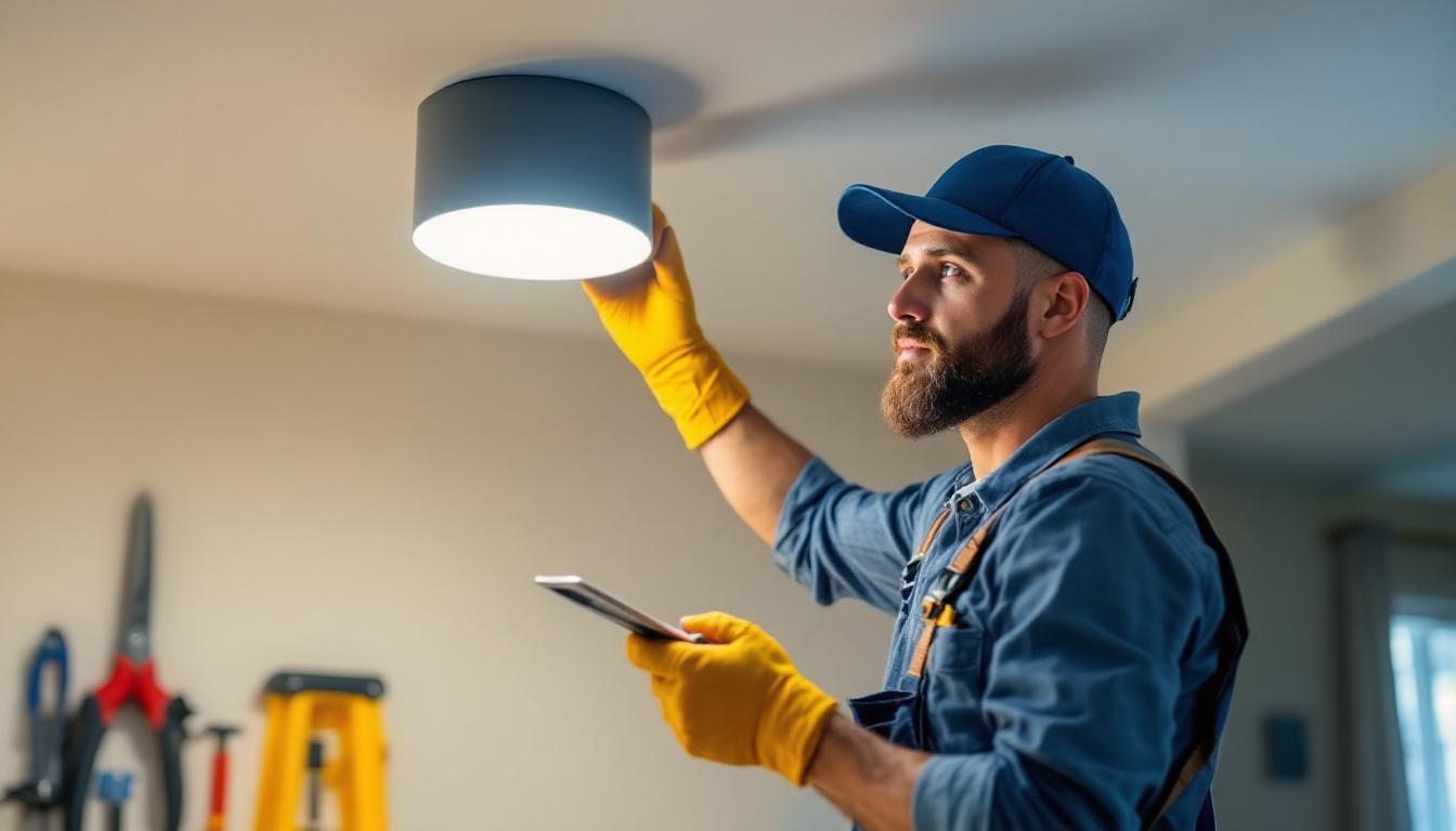 A photograph of a skilled lighting contractor expertly converting a recessed light fixture to a stylish flush mount