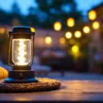 A photograph of a stylish solar power lantern illuminated in an outdoor setting