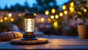 A photograph of a stylish solar power lantern illuminated in an outdoor setting