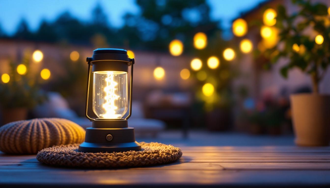 A photograph of a stylish solar power lantern illuminated in an outdoor setting