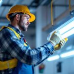 A photograph of a skilled lighting contractor installing a fluorescent ballast in a well-lit workspace