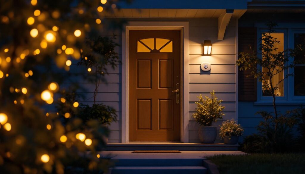 A photograph of a beautifully illuminated front door featuring stylish sensor-activated lights in a cozy evening setting