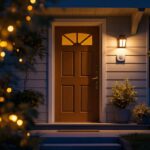 A photograph of a beautifully illuminated front door featuring stylish sensor-activated lights in a cozy evening setting