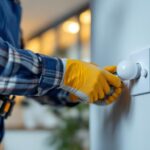 A photograph of a lighting contractor installing a dimmer switch for led lights in a modern home setting