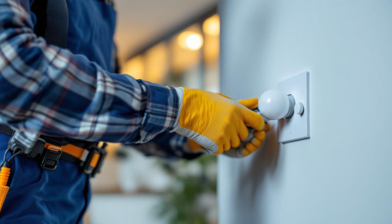 A photograph of a lighting contractor installing a dimmer switch for led lights in a modern home setting