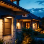 A photograph of a beautifully designed exterior coach light illuminating a home's entrance at dusk