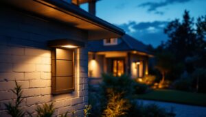 A photograph of a beautifully designed exterior coach light illuminating a home's entrance at dusk