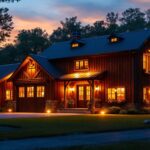 A photograph of a beautifully illuminated barn exterior at dusk