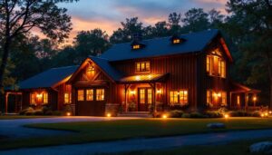 A photograph of a beautifully illuminated barn exterior at dusk