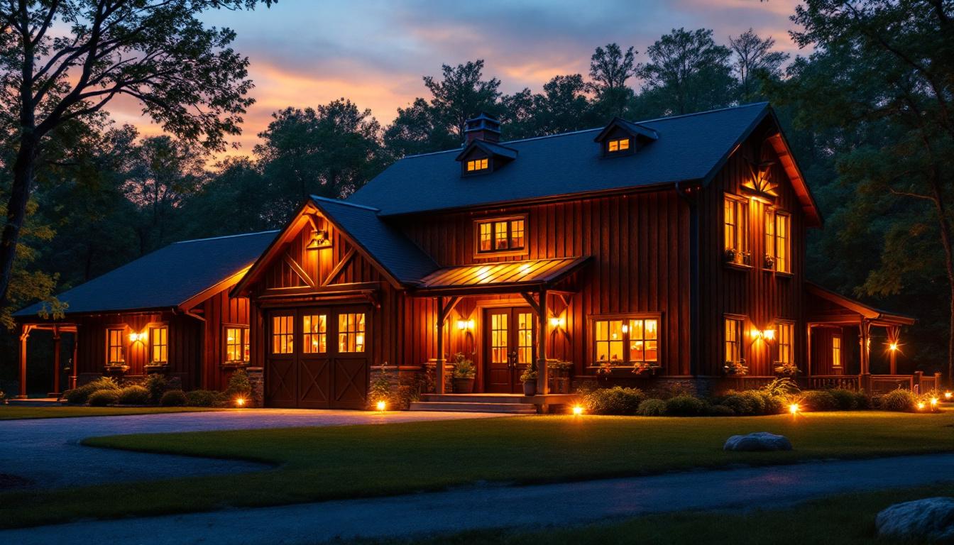 A photograph of a beautifully illuminated barn exterior at dusk
