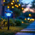 A photograph of a vibrant outdoor setting showcasing solar-powered led lights illuminating a garden or pathway at dusk