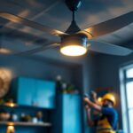 A photograph of a well-lit interior space featuring a stylish ceiling fan in action