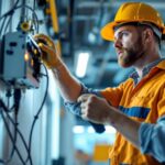 A photograph of a lighting contractor installing or adjusting an mh ballast in a well-lit commercial space