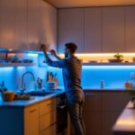 A photograph of a modern kitchen featuring stylish dimmable led under cabinet lighting in action