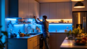 A photograph of a modern kitchen featuring stylish dimmable led under cabinet lighting in action