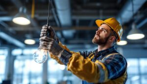 A photograph of a lighting contractor installing type r lamp bulbs in a commercial setting