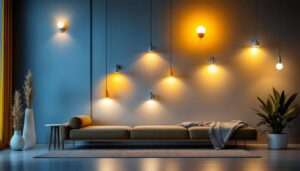A photograph of a beautifully designed interior space showcasing various styles of bright wall lights in use
