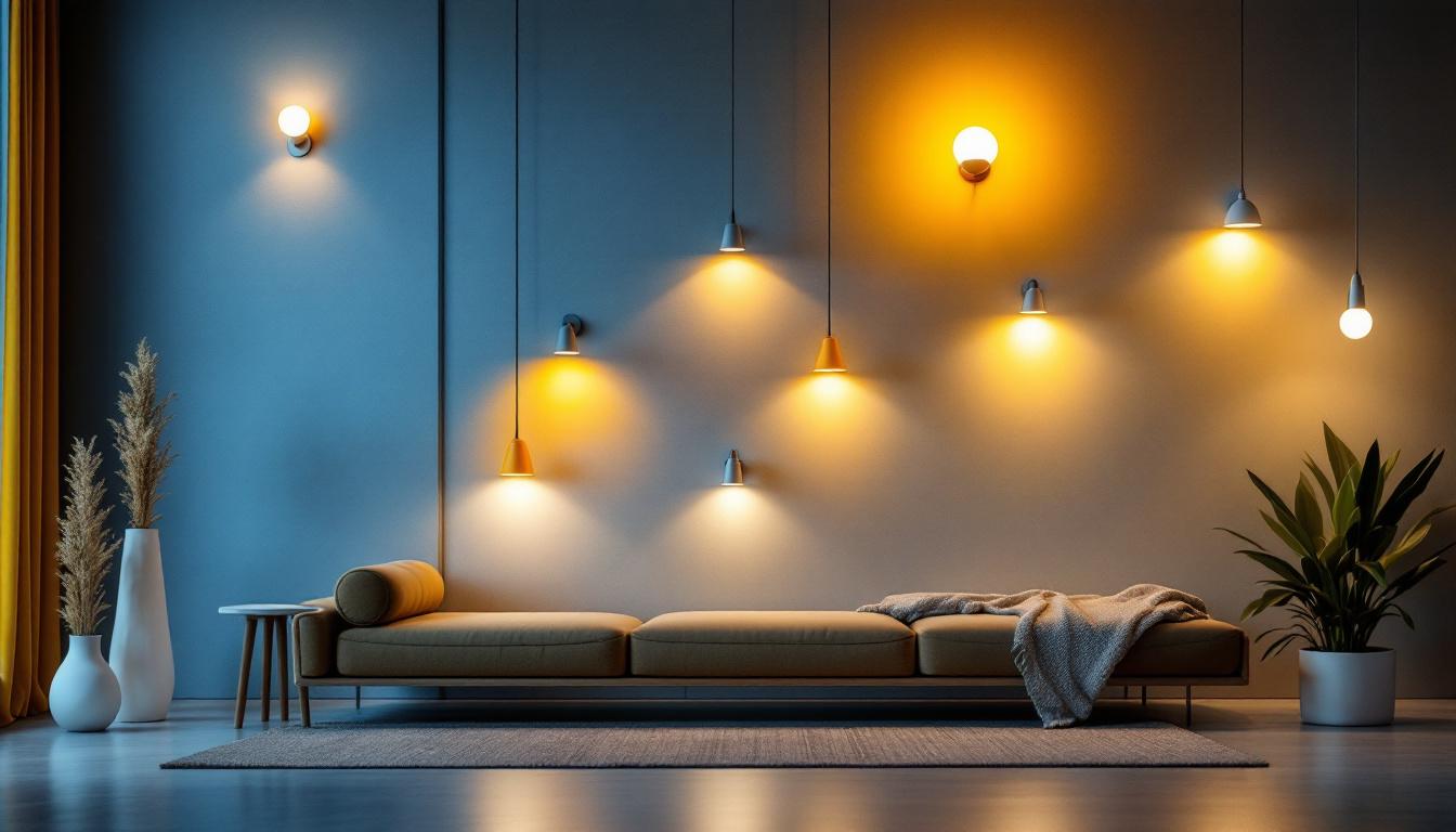 A photograph of a beautifully designed interior space showcasing various styles of bright wall lights in use