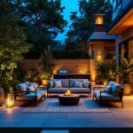 A photograph of a beautifully designed patio illuminated by stylish outdoor light fixtures