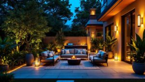 A photograph of a beautifully designed patio illuminated by stylish outdoor light fixtures
