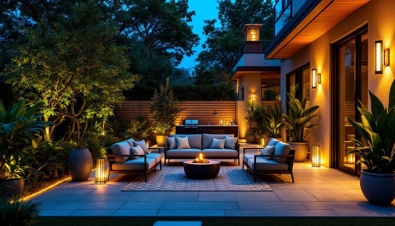 A photograph of a beautifully designed patio illuminated by stylish outdoor light fixtures