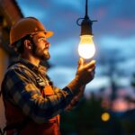 A photograph of a lighting contractor installing a high-pressure sodium bulb in an outdoor setting