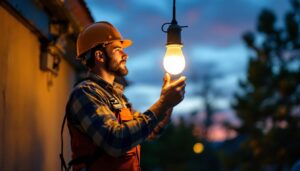 A photograph of a lighting contractor installing a high-pressure sodium bulb in an outdoor setting