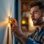 A photograph of a lighting contractor expertly installing a 12 volt three-way switch in a modern home setting
