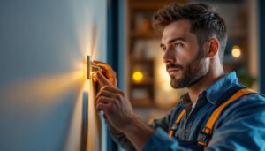 A photograph of a lighting contractor expertly installing a 12 volt three-way switch in a modern home setting