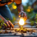 A photograph of a lighting contractor replacing an outdoor solar light bulb in a garden or pathway