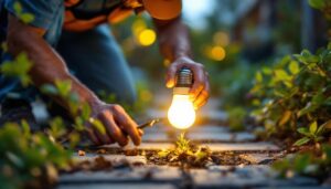 A photograph of a lighting contractor replacing an outdoor solar light bulb in a garden or pathway