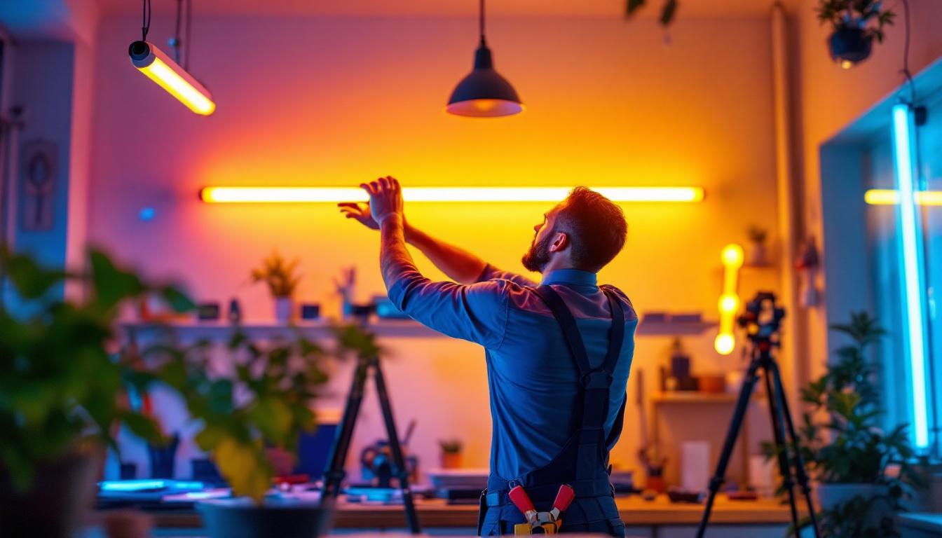 A photograph of a well-lit workspace featuring a lighting contractor installing daylight fluorescent tubes
