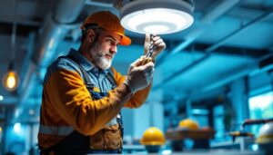 A photograph of a skilled lighting contractor carefully removing an old ballast from a ceiling fixture