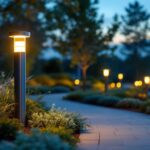 A photograph of a modern lighted bollard illuminating a pathway in a landscaped outdoor setting
