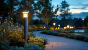 A photograph of a modern lighted bollard illuminating a pathway in a landscaped outdoor setting