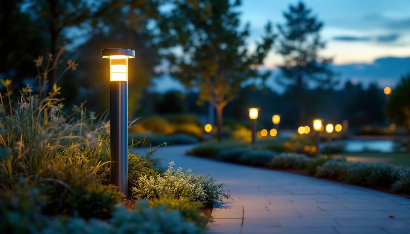 A photograph of a modern lighted bollard illuminating a pathway in a landscaped outdoor setting