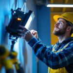 A photograph of a lighting contractor skillfully installing or showcasing the nlight power pack in a well-lit environment