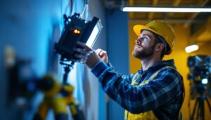 A photograph of a lighting contractor skillfully installing or showcasing the nlight power pack in a well-lit environment