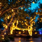 A photograph of a beautifully illuminated outdoor space featuring vibrant led color-changing string lights draped across trees or patio areas