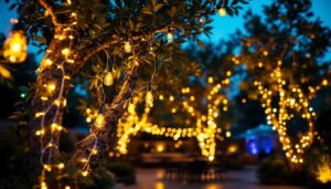 A photograph of a beautifully illuminated outdoor space featuring vibrant led color-changing string lights draped across trees or patio areas
