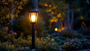 A photograph of a stylish black outdoor lamp post illuminated at dusk
