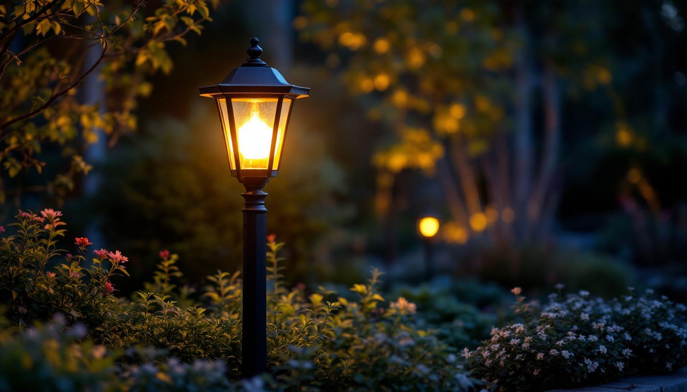 A photograph of a stylish black outdoor lamp post illuminated at dusk