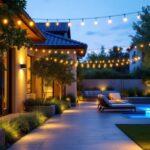 A photograph of a beautifully illuminated outdoor space featuring various types of stylish and functional outdoor lighting fixtures