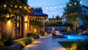 A photograph of a beautifully illuminated outdoor space featuring various types of stylish and functional outdoor lighting fixtures