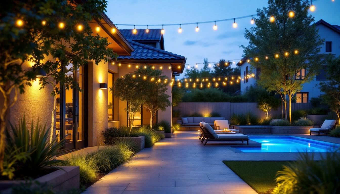 A photograph of a beautifully illuminated outdoor space featuring various types of stylish and functional outdoor lighting fixtures