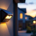 A photograph of a solar-powered motion-sensing light installed in a residential outdoor setting