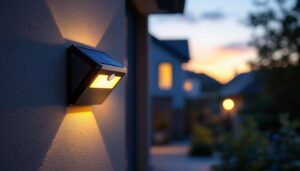 A photograph of a solar-powered motion-sensing light installed in a residential outdoor setting